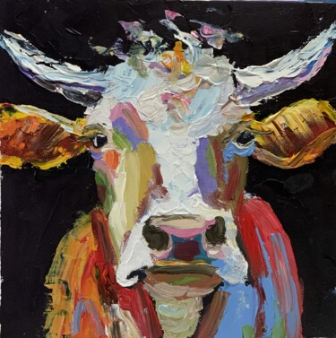 绘画 标题为“Cow on black.” 由Vita Schagen, 原创艺术品, 油 安装在纸板上