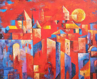 「Red cityscape」というタイトルの絵画 Arto Mkrtchyanによって, オリジナルのアートワーク, オイル ウッドストレッチャーフレームにマウント