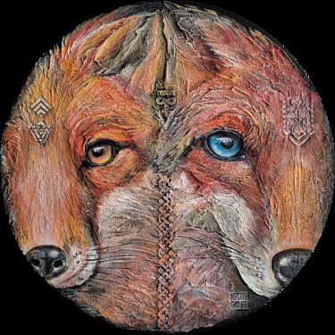 The totem - Foxes Malerei mit dem Titel "The totem - Foxes" von Anna Shuvaeva, Original-Kunstwerk, Acryl Auf Keilrahmen aus Holz montiert