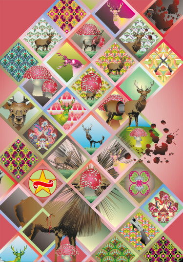 Digital Arts titled "Cerf aux champignons" by Philip Marchal, Original Artwork, 2D Digital Work Mounted on Other rigid panel
