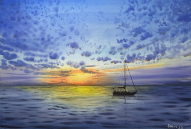 Sunset and Sailboat. Painting titled "Sunset and Sailboat." by Erkin Yılmaz, Original Artwork, Watercolor