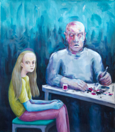 Late dinner Painting titled "Late dinner" by Yuliya Kachan, Original Artwork, Oil Mounted on Wood Stretcher frame