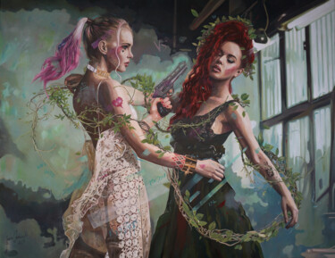 Pittura intitolato "Harley Quinn Vs Poi…" da Janusz Orzechowski, Opera d'arte originale, Olio Montato su Telaio per barella…