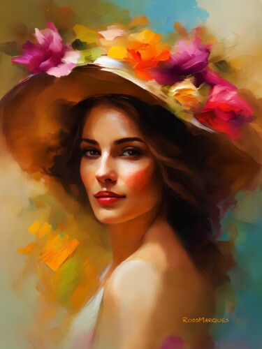 Artes digitais intitulada "Chapéu com flores" por Ross Marques, Obras de arte originais, Imagem gerada por IA