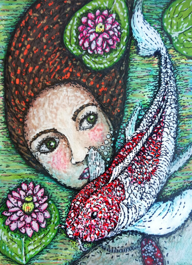 Dessin intitulée "L'étang en surface" par Karine Garelli (Reds Robin), Œuvre d'art originale, Marqueur