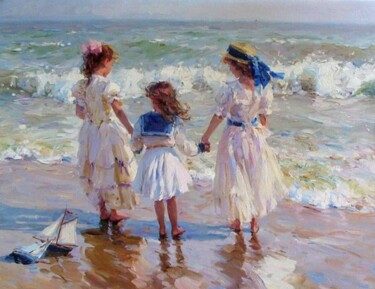 Three girlfriends by the sea. 绘画 标题为“Three girlfriends b…” 由Lara Vald, 原创艺术品, 油 安装在木质担架架上