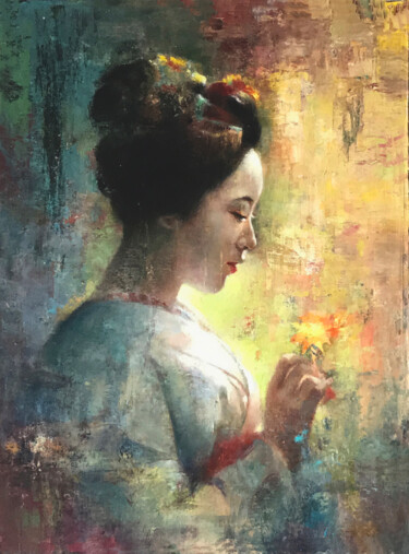 Geisha en un jardín Pintura titulada "Geisha en un jardín" por Jose Gil, Obra de arte original, Oleo