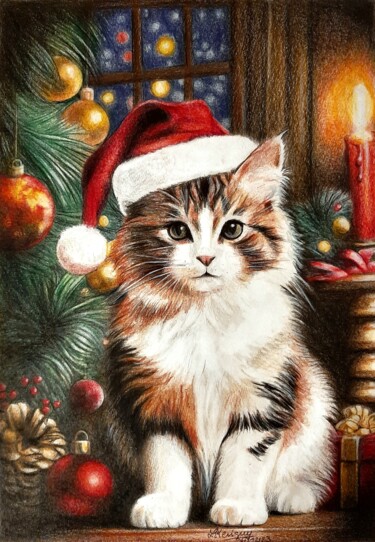 图画 标题为“Chaton de Noël” 由Laurence Keriguy, 原创艺术品, 铅笔