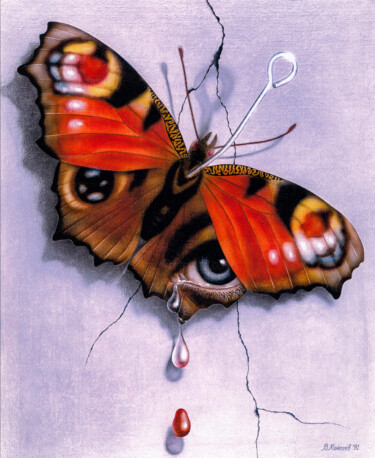 Painting titled ""Inflicted pain"" by Vitaly Moiseev, Original Artwork, Airbrush Mounted on Wood Stretcher frame