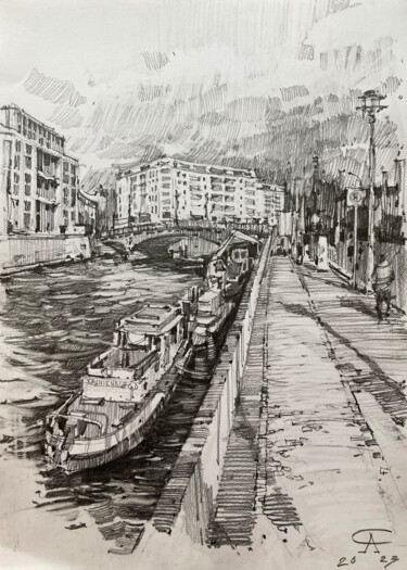 Spree. Towards Friedrichstrasse. Album "Berlin" Dessin intitulée "Spree. Towards Frie…" par Andrei Svistunov, Œuvre d'art originale, Crayon