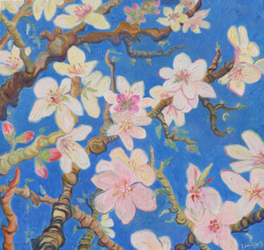 Ζωγραφική με τίτλο "Almond Blossom" από Kirsty Wain, Αυθεντικά έργα τέχνης, Λάδι Τοποθετήθηκε στο Ξύλινο φορείο σκελετό