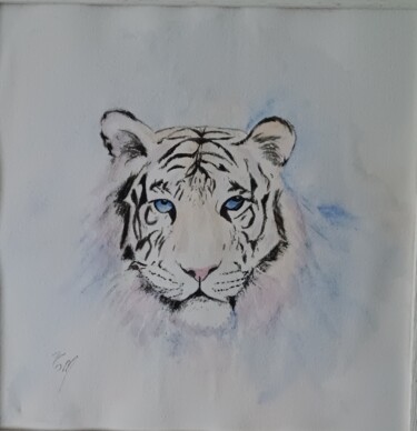 LE TIGRE BLANC Aquarelle originale unique Peinture intitulée "LE TIGRE BLANC Aq…" par Eliane Morvan (CREADELI "les petits bonheurs d'Eli"), Œuvre d'art originale,…