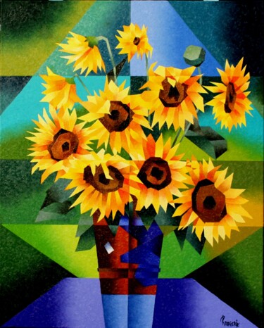 绘画 标题为“VASE DE TOURNESOLS” 由Jean Rougerie, 原创艺术品, 油 安装在木质担架架上