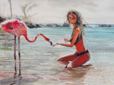 Flamingo beach Peinture intitulée "Flamingo beach" par Manu Toxxic, Œuvre d'art originale, Aquarelle