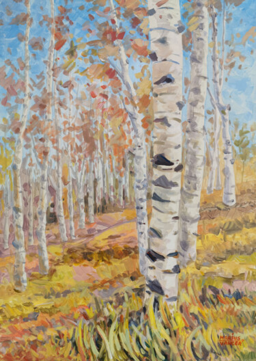 Painting titled "LANDSCAPE WITH BIRC…" by Marius Vancea, Original Artwork, Oil