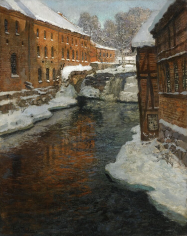 La rivière Akerselven sous la neige Peinture intitulée "La rivière Akerselv…" par Frits Thaulow, Œuvre d'art originale, Huile