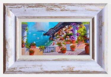 Terrace with bouganvilleas - Positano painting + frame Peinture intitulée "Terrace with bougan…" par Silvio Valli, Œuvre d'art originale, Huile Monté sur Châssis en bois