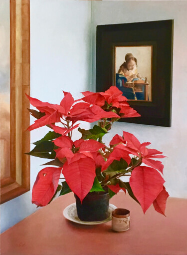 Painting titled "Poinsetia y Vermeer…" by Jose Gil, Original Artwork, Oil Mounted on Wood Panel