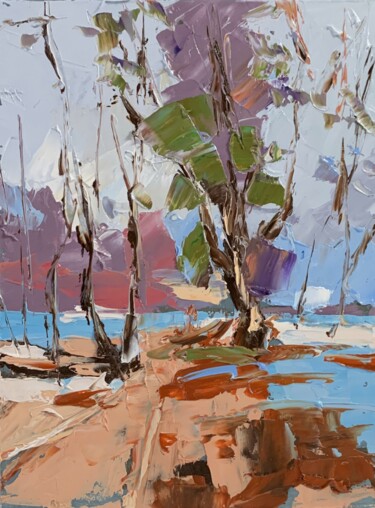 Painting titled "Landscape. Riversid…" by Vita Schagen, Original Artwork, Oil Mounted on Cardboard