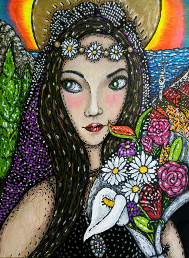 Dessin intitulée "Lucinda et le bouqu…" par Karine Garelli (Reds Robin), Œuvre d'art originale, Marqueur