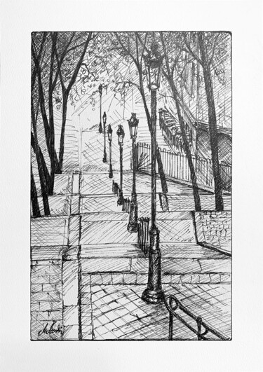 Peinture intitulée "Paris Montmartre" par Maciej Kłosowski, Œuvre d'art originale, Encre