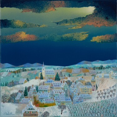 Peinture intitulée "LE VILLAGE ENDORMI" par Bernard Ambielle, Œuvre d'art originale, Huile Monté sur Châssis en bois