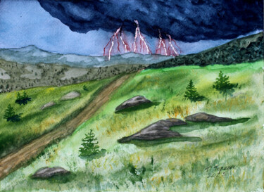 "Lightning in the mountains" Painting titled ""Lightning in the m…" by Tetiana Teresh, Original Artwork, Watercolor