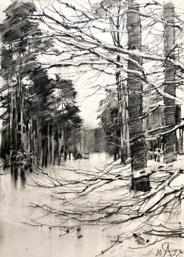 Grunewald. And once again about the snow. Album "Berlin" Dessin intitulée "Grunewald. And once…" par Andrei Svistunov, Œuvre d'art originale, Fusain
