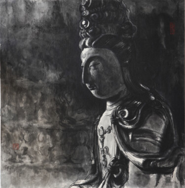 Schilderij getiteld "Bodhisattva-1" door Rui Wang, Origineel Kunstwerk, Inkt Gemonteerd op Aluminium