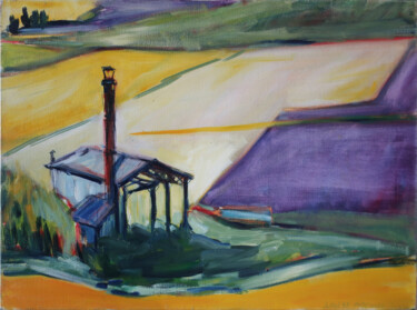 Painting titled "Distillerie, Sault" by Marie-Odile Ginies, Original Artwork, Oil Mounted on Wood Stretcher frame