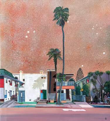 Painting titled "Midnight Oasis" by Constantin Roucault, Original Artwork, Oil Mounted on Wood Stretcher frame