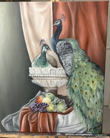 Schilderij getiteld "Paons" door Léa Melkonyan, Origineel Kunstwerk, Olie
