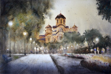 Cold Sunset at Tasmajdan and St Markos church Beograd 35x54c 绘画 标题为“Cold Sunset at Tasm…” 由Nenad Kojić, 原创艺术品, 水彩