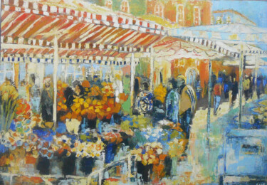 Painting titled "Cour Saleya" by Fabrice Bettrancourt, Original Artwork, Oil Mounted on Wood Stretcher frame