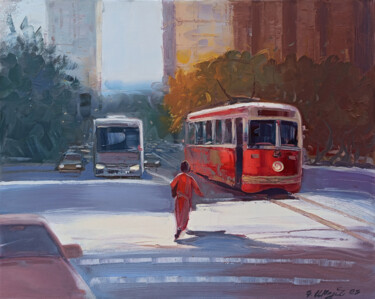 Schilderij getiteld "Cityscape with red…" door Kamo Atoyan, Origineel Kunstwerk, Olie Gemonteerd op Frame voor houten branca…