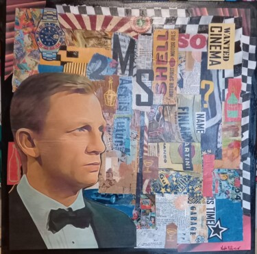 Collages titled "Daniel Craig" by Nathalie Pellissier, Original Artwork, Collages Mounted on Wood Stretcher frame