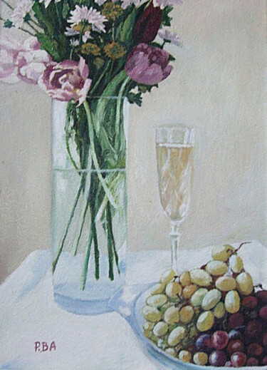 Still life with Champagne and fading flowers. Painting titled "Still life with Cha…" by Pola.B.Alex, Original Artwork, Oil