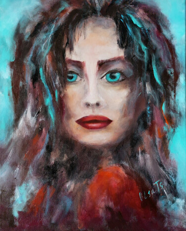 Portrait Brunette Woman Painting "Lilith's look" 「Portrait Brunette W…」というタイトルの絵画 Olga Tsyhypkoによって, オリジナルのアートワーク, アクリル ウッドストレッチャーフレームにマウント
