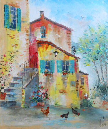 Le Village aux poules Ζωγραφική με τίτλο "Le Village aux poul…" από Axelle Bosler, Αυθεντικά έργα τέχνης, Λάδι Τοποθετήθηκε στο Ξύλινο φορείο σκελ…