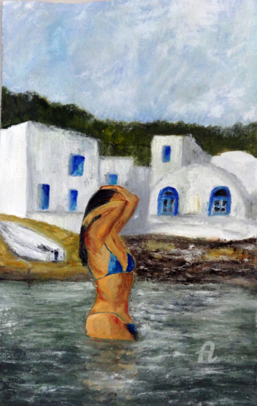 Fluid Elegance - Woman Swimming Oil Painting Ζωγραφική με τίτλο "Fluid Elegance - Wo…" από Indrani Ghosh, Αυθεντικά έργα τέχνης, Λάδι