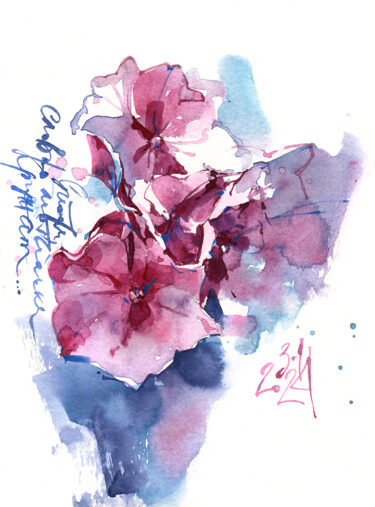 "Hydrangea. Pink Butterflies" original watercolor painting 绘画 标题为“"Hydrangea. Pink Bu…” 由Ksenia Selianko, 原创艺术品, 水彩