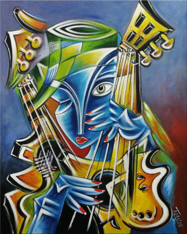 绘画 标题为“Guitarist Woman #M2…” 由Thomas Lange, 原创艺术品, 油 安装在木质担架架上