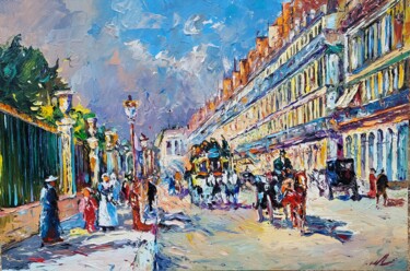 Painting titled "Retro cityscape" by Andranik Harutyunyan, Original Artwork, Oil Mounted on Wood Stretcher frame