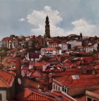 Panorámica de Oporto con la torre de los Clérigos Pittura intitolato "Panorámica de Oport…" da Tomás Castaño, Opera d'arte originale, Olio Montato su Telaio per barella in le…