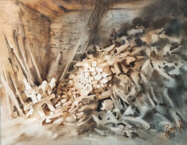 Painting titled "La réserve de bois…" by Marc Broudic, Original Artwork, Watercolor