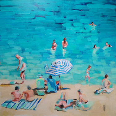 Painting titled "Déjeuner sur le sab…" by Virginie Schroeder, Original Artwork, Acrylic Mounted on Wood Stretcher frame