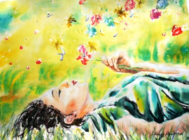 Peinture intitulée "Allongée dans l'her…" par Roger Boubenec, Œuvre d'art originale, Aquarelle