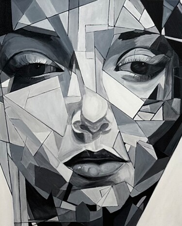 绘画 标题为“Facial Geometry 1” 由Larisa Robins, 原创艺术品, 丙烯 安装在木质担架架上