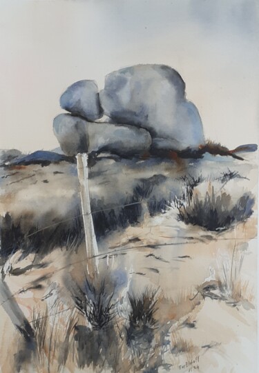 Painting titled "Genets et rochers" by Eve Elikoff, Original Artwork, Watercolor