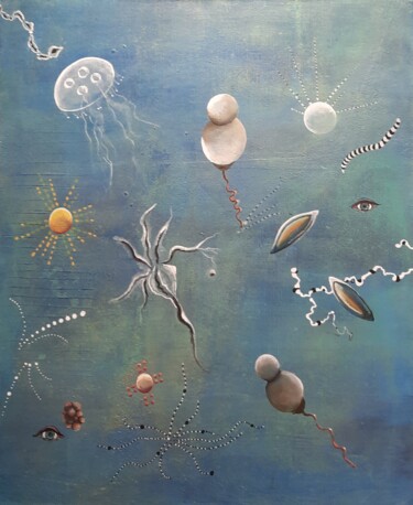Painting titled "Fond marin 2" by Agnes Rolin, Original Artwork, Acrylic Mounted on Wood Stretcher frame